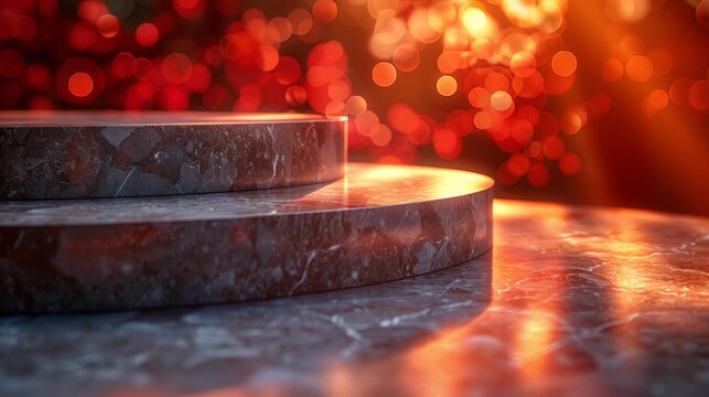 Marble platform with glowing red bokeh background - generative ai - Powered by Adobe