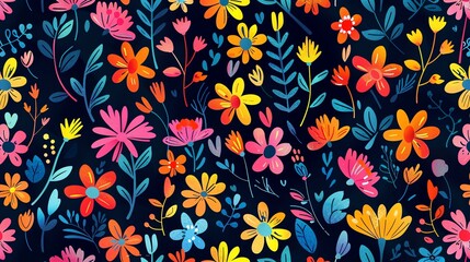 A vibrant floral pattern with colorful flowers on a dark blue background.