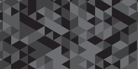 Abstract geometric black and gray background seamless mosaic and low polygon triangle texture wallpaper. Triangle shape retro wall grid pattern geometric ornament tile vector square element.