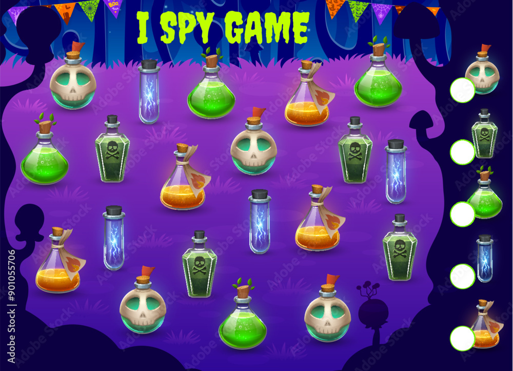 Poster halloween kids i spy game with witch magic potion bottles, vector puzzle worksheet. find and match c