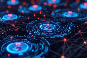 Glowing Network Nodes in a Digital Space Representing Connectivity and Technology