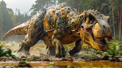 Ankylosaurus defending itself from a predator in a dense forest