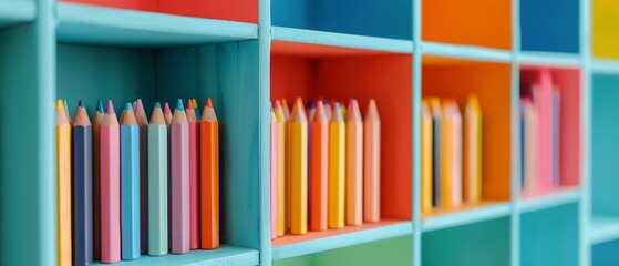 Obraz premium Colorful pencils organized in neat rows on a vibrant shelf, perfect for creative projects and educational purposes in a bright setting.