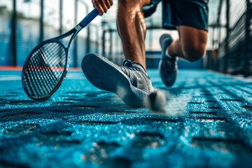 Cropped legs padel male athlete playing in a championships game on a blue tennis court