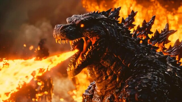 Roaring and Breathing Fire in Dramatic Side View
