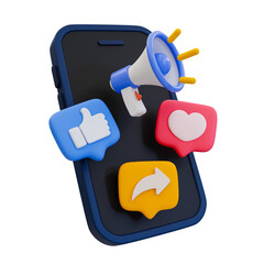 3D illustration of social media engagement icons including likes, shares, and comments around a smartphone with a megaphone.