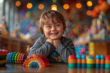 Little boy with down's syndrone is playing with a wooden toys. One kid with mental health problems.
