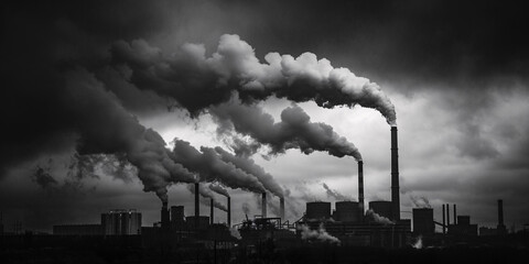 An ominous black and white image of factories against a dark sky, portraying the environmental impact of industrialization.