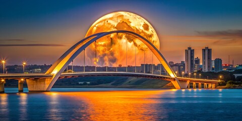 Obraz premium Vibrant orange moon rises above JK Bridge in Brasilia, casting warm glow over the city. Generative AI, orange