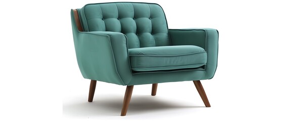 modern armchair with tapered wooden legs and plush teal upholstery set against a white background The chair combines comfort with retro flair