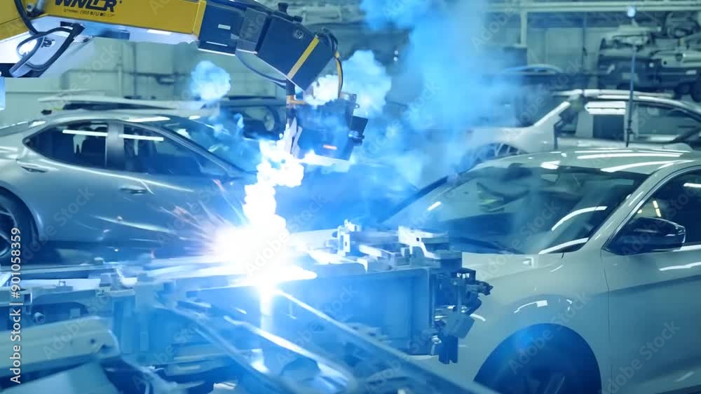 Poster welding robots performing precision tasks in automotive parts factory generative ai