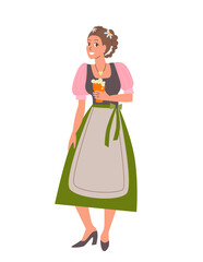 Woman in Dirndl with Beer and Pretzel. Oktoberfest illustration. 