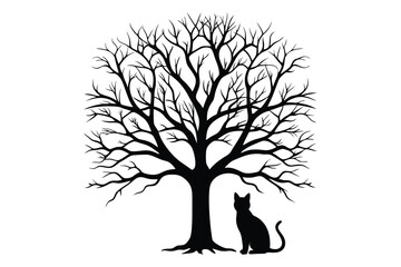 Silhouette vector of a cat sitting under a tree, perfect for serene and nature-themed designs.