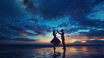 A romantic silhouette of a couple dancing on the beach under a starry night sky.