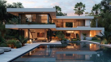 Fototapeta premium Modern luxury house with pool at sunset - generative ai
