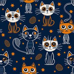 cute bright cats on a blue background. seamless pattern