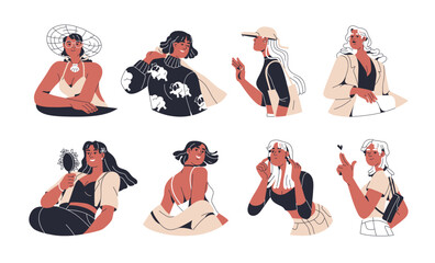 Modern girls set. Happy young women, fashion stylish looks. Beautiful attractive cheeky cool female characters lifestyle in trendy style. Flat vector illustration isolated on white background