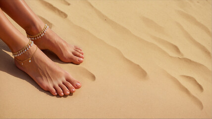 Woman's ankle bracelet with tiny charms. Delicate summer golden jewelry on lady's bare feet. Sandy beach background for banner, poster or presentation with copy space for text or product display. 