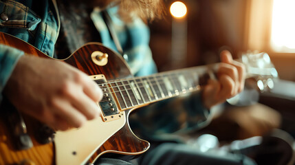 An adult playing a musical instrument in a cozy room