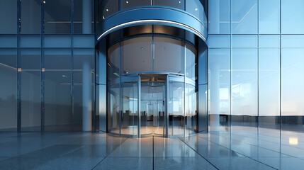 Fototapeta premium Entrance of sleek glass building, Contemporary design, Urban sophistication, Digital illustration,