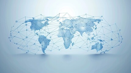 Fototapeta premium A Light Blue Backdrop Showcasing a Digital World Map and Global Network Connections: Representing the Concept of International Connectivity and Business with Generative AI
