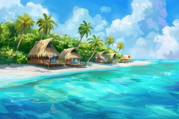 Obraz premium Tropical Island Cottages on a Pristine Beach