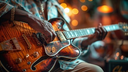 Fototapeta premium Veteran Jazz Guitarist Playing Electric Guitar On Stage Capturing Expressive Fingerwork Warm Lighting And Authentic Live Music Atmosphere