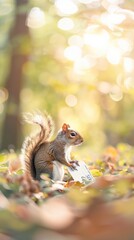Obraz premium A charming squirrel holds a small card amidst fallen leaves, surrounded by soft sunlight in a serene forest setting.