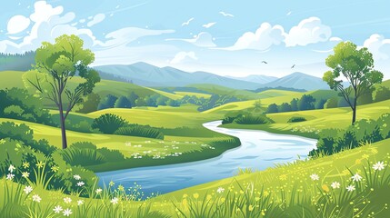 Naklejka premium A cartoon illustration of a peaceful countryside scene with a winding river, a farmhouse, green hills, and birds flying in the blue sky.