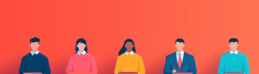 Fototapeta premium Diverse group of illustrations of people with laptops against a red background, representing teamwork and collaboration.