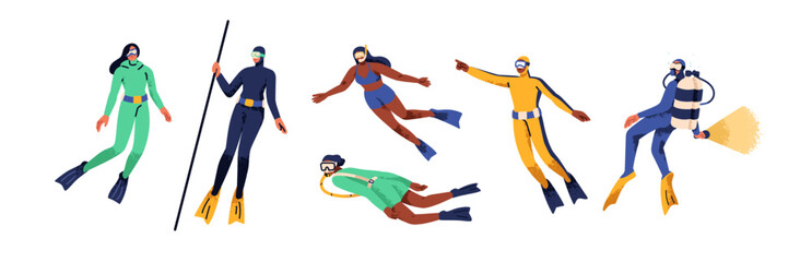 Divers set. Underwater scuba and hookah diving, snorkeling. Marine sport with gear, equipment, oxygen tank. People swimming under water, sea. Flat vector illustration isolated on white background