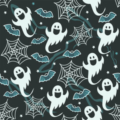 ghosts with bats in the night sky. seamless pattern