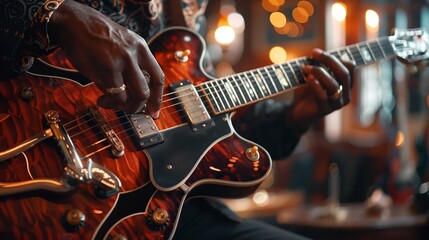 Fototapeta premium Soulful Jazz Guitarist Playing Live On Stage Showcasing Years Of Experience Emotional Expression And Classic Concert Mood