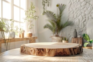 Wooden podium on table in living room interior with space with generative ai