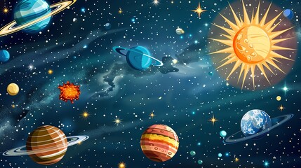 A cartoon illustration of a solar system with planets and stars.