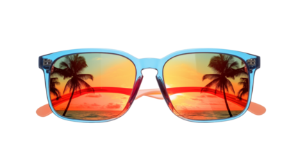 Close-up of trendy summer sunglasses with a reflection of a beach scene isolated on transparent background