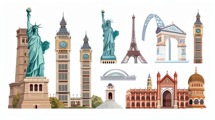 Obraz premium A collection of famous landmarks from around the world, including the Statue of Liberty, Big Ben, the Eiffel Tower, and the Arc de Triomphe.
