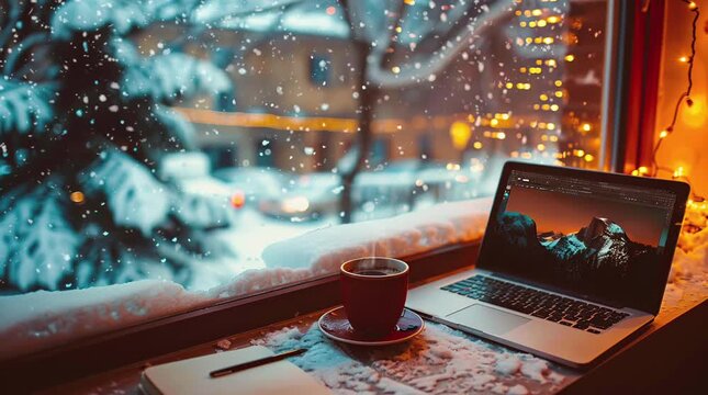 Coffee and laptop on a table by the window, overlooking a charming snowy village in a serene winter landscape
  Seamless looping 4k time-lapse virtual video animation Generated AI