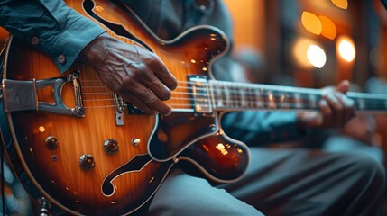 Fototapeta premium Live Jazz Guitar Solo By Veteran Performer Capturing Precision Emotion And Rich Acoustic Character Of The Instrument