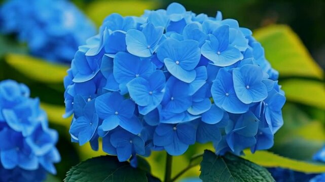 Vibrant blue hydrangea flowers in full bloom with delicate petals close-up