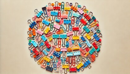 Fototapeta premium Colorful Binder Clips Arranged in a Circular Pattern on a Beige Background.