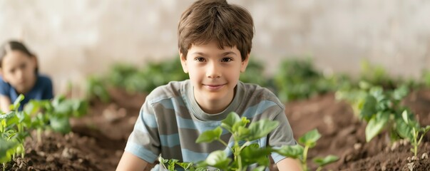 Young boy in a garden smiling while working with plants, representing children's involvement in gardening and nature activities.