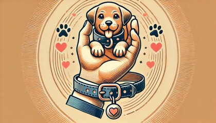 Cute Puppy Illustration with Heart and Paw Print Design.