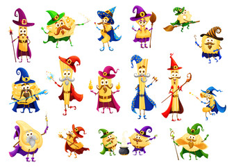 Cartoon halloween italian pasta wizard, mage and witch characters. Spaghetti, conchiglie, farfalle, maccheroni and tortellini, cannelloni, stelle pasta sorcerer cheerful vector personages with scepter