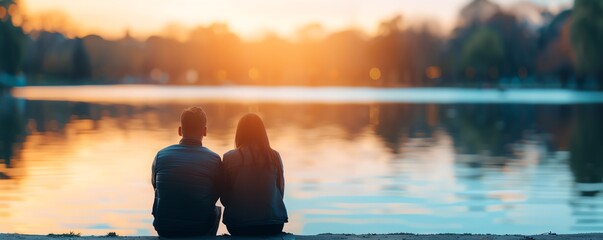A couple sitting by the water at sunset, enjoying the serene landscape and peaceful moment together, creating a romantic and tranquil atmosphere.