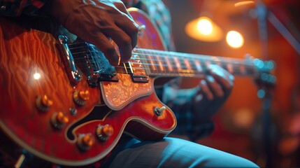 Jazz Guitarist's Hands Playing Vintage Hollow-Body Electric Guitar