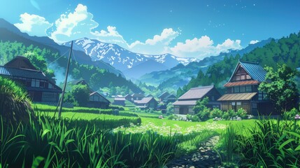 Fototapeta premium Anime style rural village and mountain landscape, perfect for tranquil nature backgrounds.