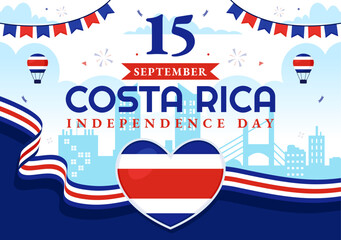 Happy Independence Day of Costa Rica Vector Illustration for September 15 featuring a Waving Flag and Confetti on a Flat Style Cartoon Background