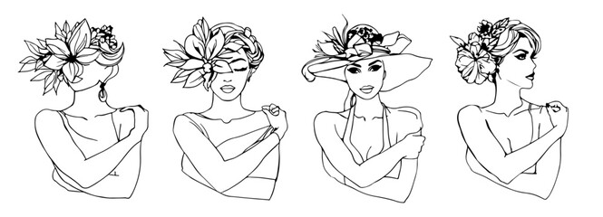 Woman Silhouette with Flowers Line Art Drawing Set. Style Templates with Abstract Female Silhouette. Woman with Flowers Trendy Minimal Line Art Illustration. Female Face for Beauty, Fashion Design