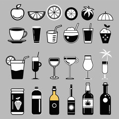 Drink Icon Set. Cup, Glass, Bottle Templates for Social Media, Card, Banner, Poster, Menu. Cocktail Bar Icons Collection Minimal Style Vector Illustration for Modern Design, Menu, Web